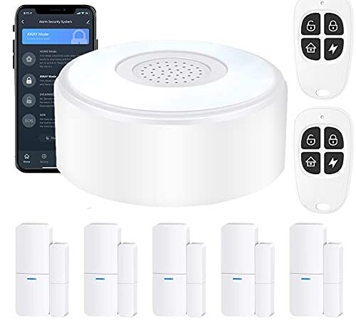 AGSHOME Sistema di Allarme Casa Senza Fili, Kit Antifurto Con 1 Sirena, 5 Sensori Per Porte E Finestre E 2 Telecomandi, Tramite App, Compatibile Con Alexa