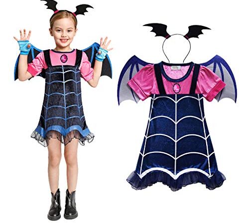 Amycute Costume da Vampiro per Bambini Ragazza, Vestito da Vampiro Cerchietto Ali di Pipistrello per Halloween Natale Carnevale Cosplay Costumi (130 CM)