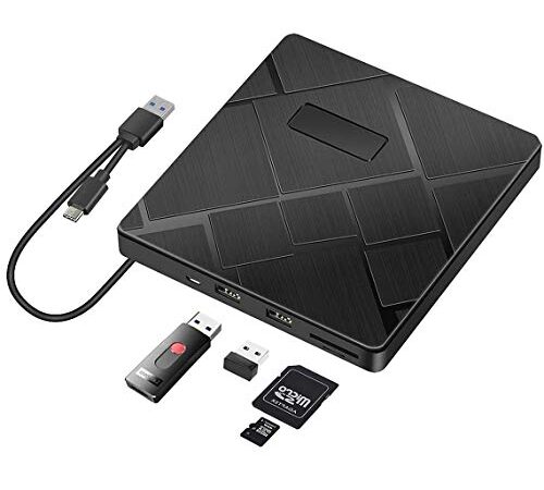 BEVA Masterizzatore CD Dvd Esterno, USB 3.0 Type-C Lettore Esterno CD Dvd con 1 Slot per Schede SD/1 TF e 2 Portas USB, CD/Dvd +/-RW Lettore CD Dvd per Windows 7/8/10/XP/Vista/Linux, Mac