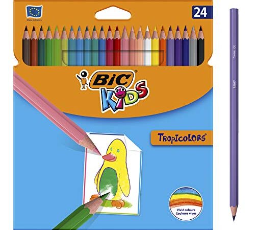 BIC Kids Matite Colorate, Tropicolors, Colori per Bambini a Casa e a Scuola, Colori Assortiti, Astuccio Scuola, Confezione da 24 Unità