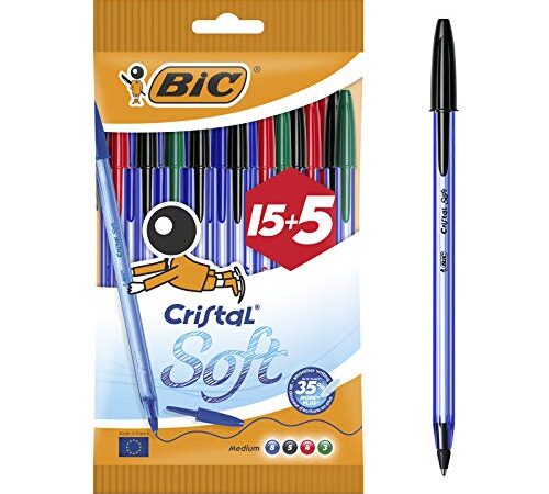 BIC Penne A Sfera Cristal Soft, Fornitura Per Cancelleria Scuola E Ufficio, Multicolore, Confezione Da 20 Unità