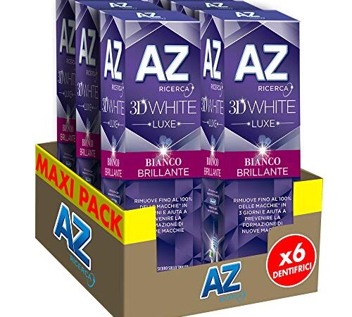 Dentifricio AZ 3D White Luxe con Azione Sbiancante Denti Professionale, per una Pulizia Denti Profonda e un Bianco Brillante, Maxi Formato da 6 Confezioni X 75ml