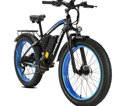 E-MTB 26", Bicicletta Elettrica da Montagna con 4,0 Pneumatici Grassi Batteria al Litio 48 V 13 Ah (624 Wh), 85 N.m, Shimano 21 Velocità, Freni a Disco Idraulici - Blu