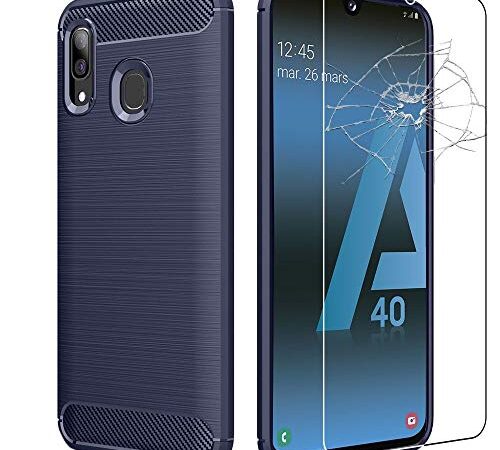 ebestStar - Cover Compatibile con Samsung A40 Galaxy SM-A405F Custodia Protezione Silicone Gel Design Fibra Carbonio Anti Scivolo, Blu Scuro + Vetro Temperato [A40: 144.3 x 69.1 x 7.9mm, 5.9"]