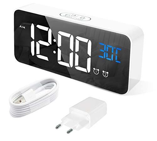 HERMIC Sveglia Digitale, Sveglia da Comodino con Temperatura, Orologio digitale con 2 Allarme, Snooze, 4 Livelli di luminosità, Controllo Vocale, USB Ricaricare, Sistema 12/24 Ore