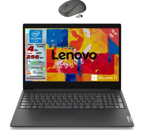 Lenovo, Pc portatile notebook, Display HD da 15,6", Cpu Intel N4020, Ram 4Gb, Ssd m2 256Gb, windows 11 pro, dad & smart working edition, Computer portatile pronto all'uso + Mouse Wireless