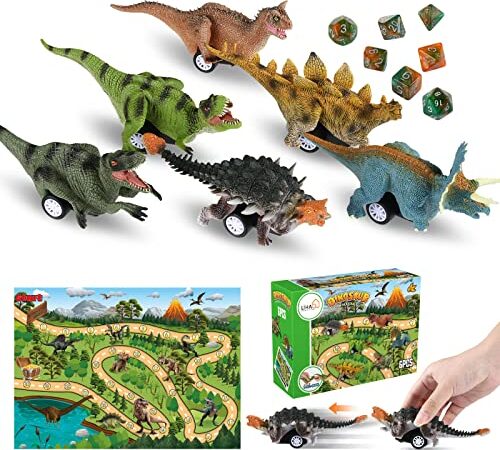 LIHAO 6pz Dinosauri Giocattolo Macchinine Giocattolo per Bambini 3 4 5 6 7 8 anni con Mappa Regali Natale Pasqua Compleanno Ragazzo Ragazza