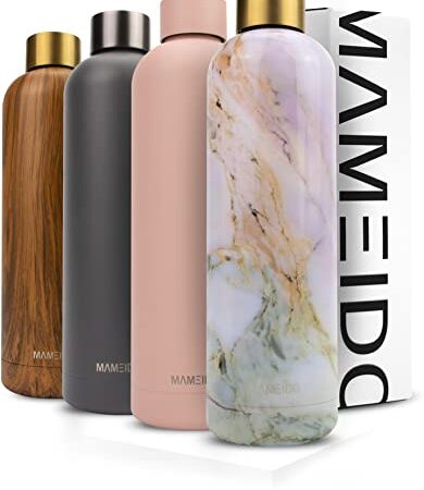 MAMEIDO Borraccia termica 1 litro Pearl Marble Gold - Bottiglia termica 1l, Acciaio inox senza BPA,Caldo e freddo, Prova di perdite, Perfetta per auto, ufficio o strada - incl. confezione regalo