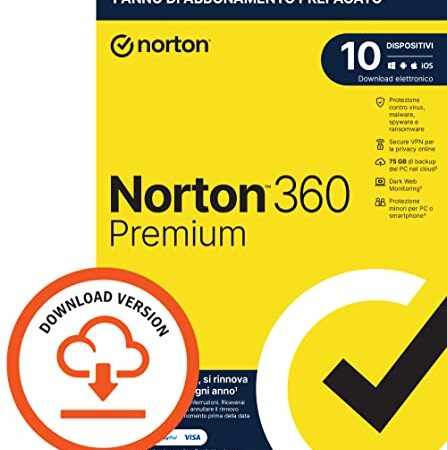 Norton 360 Premium 2023 | Antivirus per 10 dispositivi | Licenza di 1 anno con rinnovo automatico | PC, Mac, tablet e smartphone | Codice d'attivazione via email