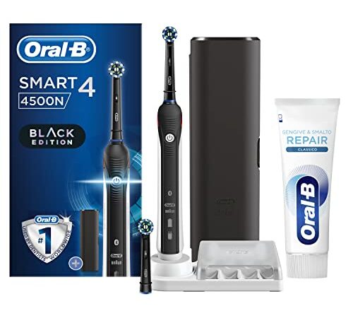 Oral-B Spazzolino Elettrico Ricaricabile Smart 4 4500 CrossAction, 1 Manico Nero Connesso, 5 Modalità Di Spazzolamento, 2 Testine, Custodia Da Viaggio Premium + Dentifricio Gengive & Smalto Repair