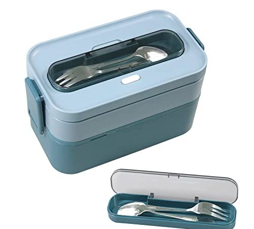 Resszo Lunch Box Kit Porta Pranzo da Ufficio 1600ml Bento Box in PP, 2 Strati Porta Pranzo con Posate per Picnic Scuola Uffici Adulto Bambini, Microonde Sicuro (Blu-1600 ml)