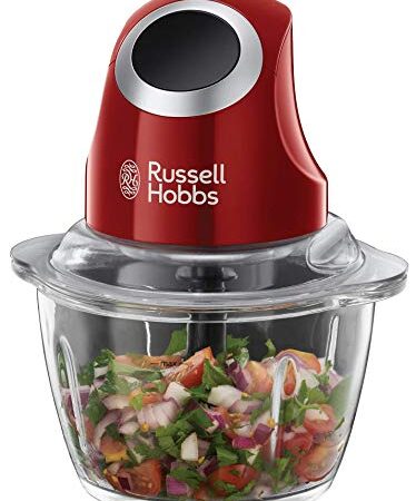 Russell Hobbs Tritatutto, Vasca in vetro 500 ml, Pulsante aizonabile con una sola mano, tritacarne, frullatore elettrico, pesti, verdure e frutta, Lama Multiuso Acciaio Inox, 200 W, Rosso, 24660-56