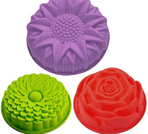 Senhai 3 pezzi stampi in silicone, per prodotti da forno a forma di fiore, girasole grande rotondo, crisantemo e rosa, teglie antiaderenti, ideali per feste di compleanno e fai