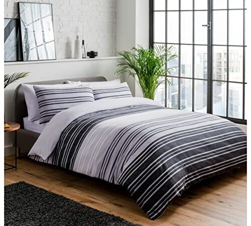 Sleepdown Set copripiumino e federa per letto matrimoniale, motivo a righe, colore: nero e grigio