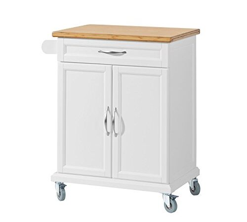 SoBuy Carrello multiuso, Scaffale da cucina, credenza soggiorno con armadietto e casseto piano in legno massello di bambù bianco,FKW13-WN