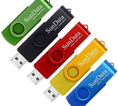 SunData Chiavetta USB 16GB 5 Pezzi PenDrive Girevole USB2.0 Flash Drive Thumb Drive Memoria Stick per Archiviazione Dati con Luce LED (5 colori: Nero Blu Verde Rosso Oro)