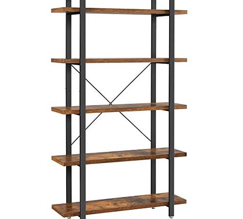 VASAGLE Libreria a 5 Ripiani, Scaffale in Stile Industriale, Portaoggetti Stabile, Facile da Montare, per Soggiorno, Camera da Letto, Ufficio, Marrone Vintage e Nero LLS55BX