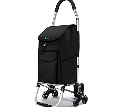 VOUNOT Carrello Spesa Pieghevole in Alluminio, Carrello Portaspesa 6 Ruote con Borsa Oxford Staccabile, 45 L, Nero