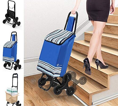 VOUNOT Carrello Spesa Tre Ruote Pieghevole, Carrello Portaspesa Richiudibile, Saliscale, Borsa Impermeabile Rimovibile, Blu