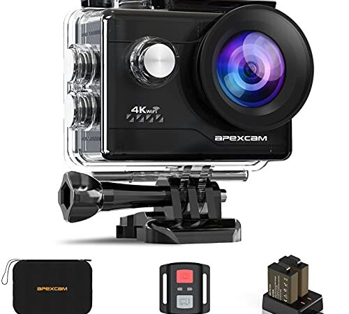 Apexcam 4K WiFi 20MP Action Cam Ultra HD Sports Cam Impermeabile Sott’acqua 40M 2'' Action Camera 2.4G Telecomando 170° Grandangolare con 2x1050mAh Batterie e Kits di Accessori