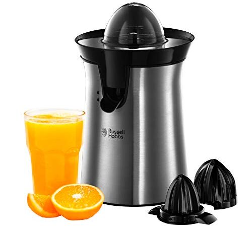 Russell Hobbs Spremiagrumi Elettrico, Bicchiere Grande e Piccolo, Rotazione bidirezionale (destra/sinistra), Antigoccia, lavastoviglie ok, 60 W, senza BPA, Acciaio Inox, 22760-56