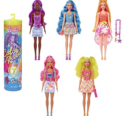 Barbie - Color Reveal con 7 sorprese, Serie Fluo con stampa Tie-Dye ed effetto cambia colore, Giocattolo e regalo per Bambini 3+ Anni, HCC67