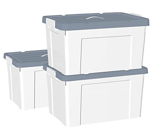 Cetomo Scatola portaoggetti in plastica 90L* 3, contenitore per organizzare con coperchio durevole e fibbie di chiusura sicura, impilabile e annidabile, confezione da 3, bianco