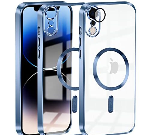 Cover Magnetica per iPhone XR, Custodia Compatibile con MagSafe, Protezione Antiurto di Livello Militare Telefono Silicone Antiurto [Copertura della fotocamera], Blu Trasparente