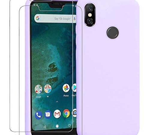 Ingen Custodia per Xiaomi Mi A2 Lite+ [2 x Pellicole Protettive] Liquido Silicone Sottile Morbida Copertura Gomma Gel Case con Morbida Microfibra Fodera - Viola